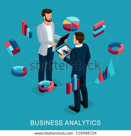 Isometric Business Analyst, male businessman, concept planning. Young businessman stylish hairstyle business clothes, work on modern systems, tablet wi-fi. Vector illustration.