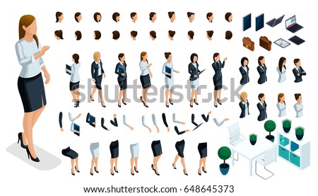Large isometric Set of hand and foot gestures of a woman, to create a 3D business lady character. Create your isometric person for vector illustrations