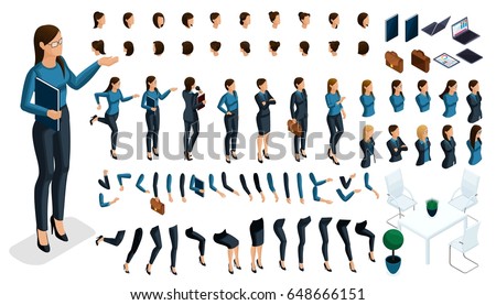 Set of gestures of a woman's hands, leg position in isometric to create a 3D business lady character. Create your character and group with different expressions