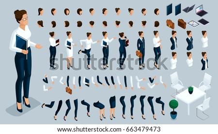 Large isometric Set of gestures of the hands and feet of a woman, to create a 3D business lady character strict suit. Create your isometric person for vector illustrations.