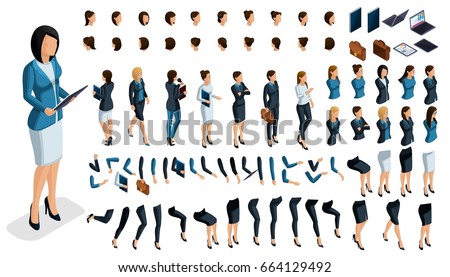 Large isometric Set of gestures of hands and feet of a woman 3d business lady. Create your own isometric character for an office worker for vector illustrations.