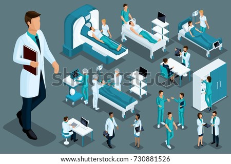 Quality Isometrics, medical workers and patients, hospital bed, MRI, X-ray scanner, ultrasound scanner, dental chair, operating room.