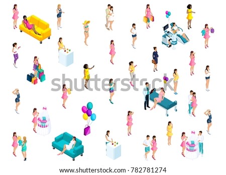 Isometry of pregnant girls in different activities, 3d couple next to the baby's crib, happy woman, balloons.