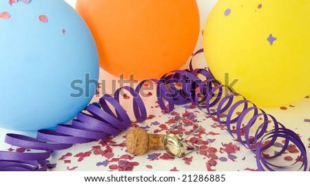Background party with colorful balloons, confetti and champagne cork