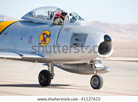 NELLIS AFB, LAS VEGAS, NV - NOVEMBER 14: North American F-86F Sabre Cold war-era fighter jet aircraft taxiing after performing at Aviation Nation 2009, November 14, 2009, Nellis AFB, Las Vegas, NV