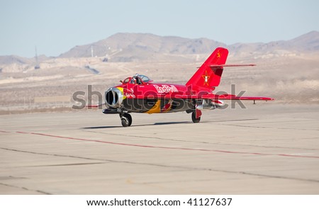 NELLIS AFB, LAS VEGAS, NV - NOVEMBER 14: Bill Reesman's MiG-17 Soviet Cold war-era fighter jet aircraft taxiing after performing at Aviation Nation 2009, November 14, 2009, Nellis AFB, Las Vegas, NV
