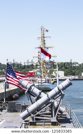 STATEN ISLAND, NEW YORK - MAY 29:Harpoon cruise missile launchers on the deck  of US Navy destroyer  Donald Cook  during Fleet Week 2012 on May 29, 2012 in Staten Island, New York