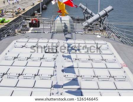 STATEN ISLAND, NEW YORK - MAY 29: Tomahawk cruise missile and  Harpoon cruise missile launchers on the deck of US Navy destroyer Donald Cook  during Fleet Week 2012 on May 29, 2012 in New York