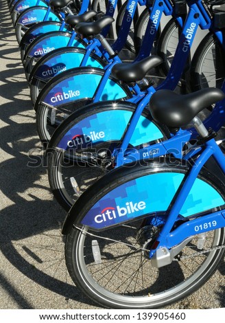 NEW YORK - MAY 26: Citi bikes ready for business in New York on May 26, 2013. NYC bike share system ready to hit the road in Manhattan and Brooklyn on May 27, 2013