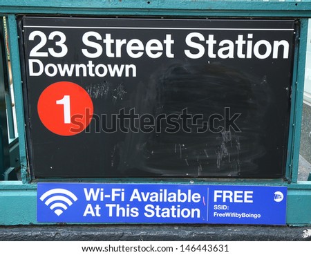 NEW YORK CITY - JUNE 27: Subway entrance at 23rd Street in NYC on June 27, 2013. Station has free Wi-Fi available. Owned by the NYC Transit Authority, the subway system has 469 stations in operation