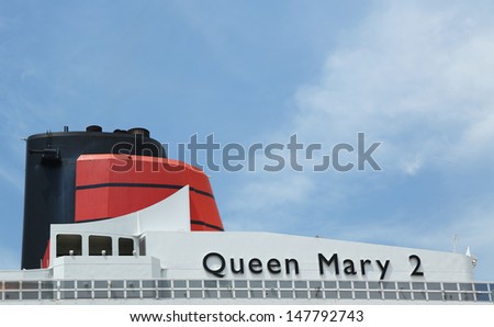 NEW YORK CITY - JULY 27: Queen Mary 2 cruise ship detail at Brooklyn Cruise Terminal on July 27, 2013. Queen Mary 2 is CunardÃ¢Â?Â?s flagship ready for Transatlantic Crossing  from New York to  Southampton