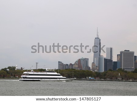 NEW YORK - JULY 27:Spirit Cruises boat in New York Harbor on July 27, 2013. The Spirit fleet  operating in 9 harbor locations nationwide, including  Baltimore, Boston, Philadelphia and Washington DC
