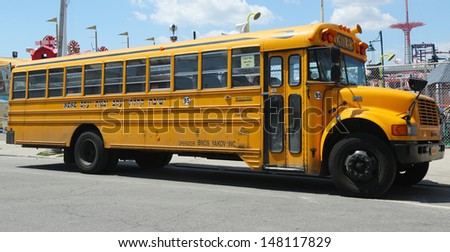 BROOKLYN, NEW YORK - JULY 30: Yeshiva School bus at Coney Island in Brooklyn on July 30, 2013. The Blue Bird Corporation, s an American manufacturer of school and activity buses established in 1927