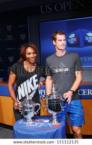 FLUSHING, NY -AUGUST 22: US Open 2012 champions Serena Williams and Andy Murray  with US Open trophies at the 2013 US Open Draw Ceremony in Flushing on August 22, 2013