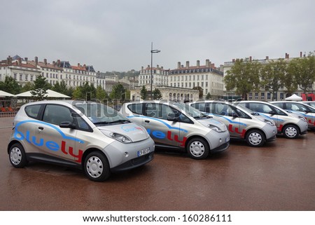 LYON, FRANCE - OCTOBER 10: Bluely electrical cars in Lyon on October 10, 2013. Bluely is the first full electric and open-access car sharing service in Lyon introduced to public in October 2013