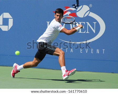 FLUSHING, NY - AUGUST 24: Six times Grand Slam champion Novak Djokovic practicing for US Open 2013 at Billie Jean King National Tennis Center on August 24, 2013 in Flushing, NY