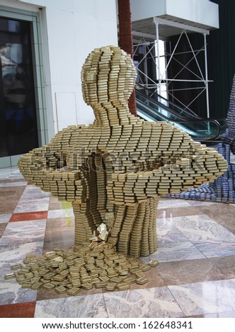 NEW YORK - NOVEMBER 10:Pour your heart out food sculpture presented at  Canstruction competition  in New York on November 10, 2013. Teams build large scale sculptures out of canned food for food drive