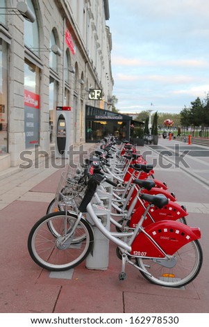 LYON, FRANCE - OCTOBER 10: Velo\'v bicycle sharing station in Lyon on October 10, 2013. Lyon is known for its historical and architectural landmarks and is a UNESCO World Heritage Site