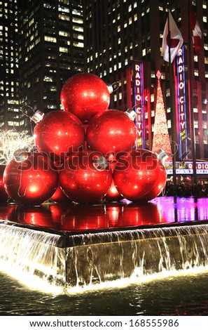 NEW YORK - DECEMBER 19: New York City landmark, Radio City Music Hall in Rockefeller Center decorated with Christmas decorations in Midtown Manhattan on December 19, 2013