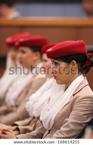 NEW YORK - AUGUST 24: Emirates Airline flight attendants at the Billie Jean King National Tennis Center during US Open 2013 on August 24, 2013 in New York