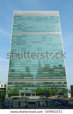 NEW YORK CITY - JUNE 27: The United Nations building in Manhattan on June 27, 2013 in New York. The complex has served as the official headquarters of the United Nations since its completion in 1952