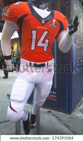 NEW YORK - JANUARY 30: Denver Broncos  team uniform presented on Broadway during Super Bowl XLVIII week in Manhattan on January 30, 2014