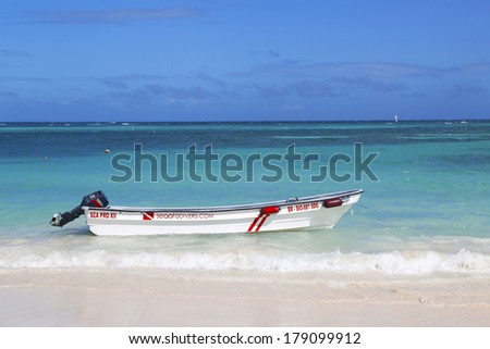 PUNTA CANA, DOMINICAN REPUBLIC - JANUARY 2 Diving boat at the Bavaro Beach in Punta Cana on January 2, 2014  The Dominican Republic is the most visited destination in the Caribbean