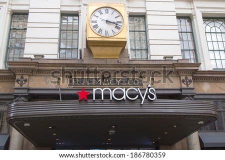 NEW YORK - APRIL 1: Sign at Macy's Herald Square on Broadway in Manhattan on April 1 , 2014. In 1924 Macy's was declared the 