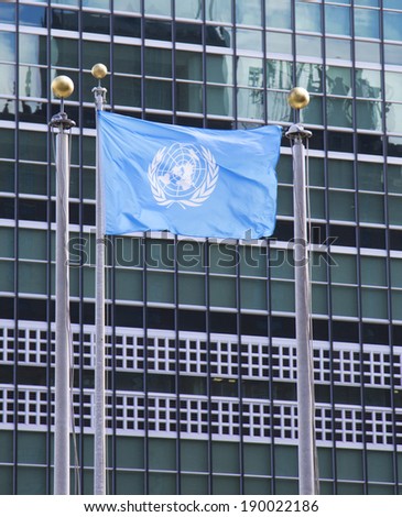 NEW YORK CITY - APRIL 27  United Nations Flag in the front of UN Headquarter in New York on April 27, 2014