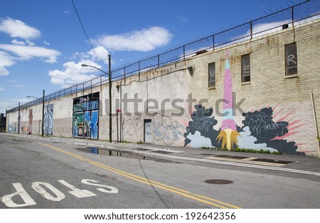 NEW YORK - MAY 6 - Iconic mural wall at the India Street Mural Project in Brooklyn on May 6, 2014