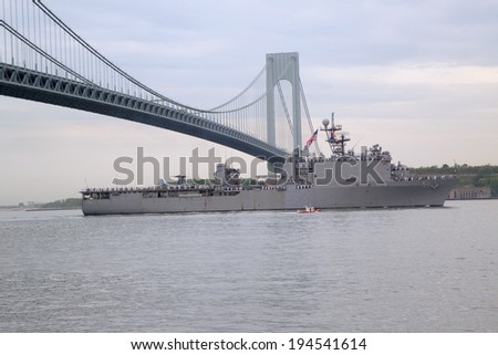 NEW YORK - MAY 21: USS Oak Hill dock landing ship of the United States Navy during parade of ships at Fleet Week 2014 on May 21, 2014 in New York Harbor