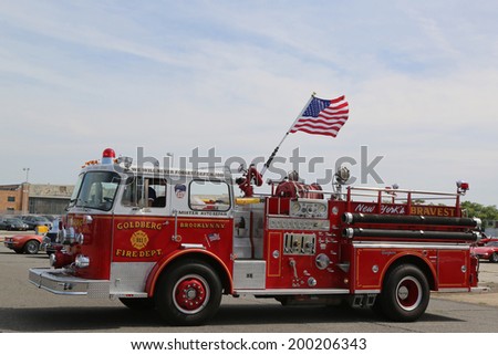 BROOKLYN, NEW YORK - JUNE 8: Fire truck on display at the Antique Automobile Association of Brooklyn annual Spring Car Show on June 8, 2014 in Brooklyn, New York