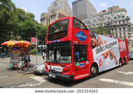 NEW YORK CITY- JUNE 17: New York Sightseeing Hop on Hop off bus in Manhattan on June 17, 2014. Since 1926, Gray Line New York is the source for best double decker bus and deluxe motor coach tours