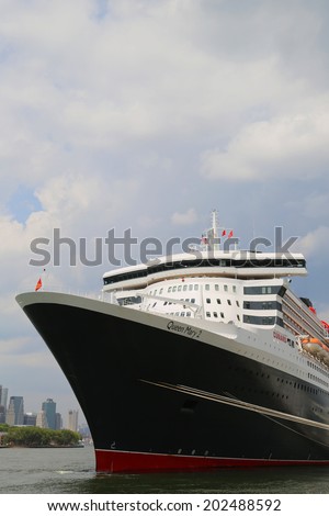 NEW YORK - JULY 1: Queen Mary 2 cruise ship docked at Brooklyn Cruise Terminal on July 1, 2014. Queen Mary 2 is Cunard s flagship