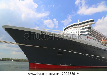 NEW YORK - JULY 1: Queen Mary 2 cruise ship docked at Brooklyn Cruise Terminal on July 1, 2014. Queen Mary 2 is Cunard s flagship