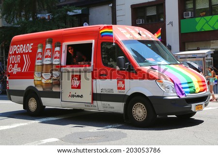 NEW YORK - June 29, 2014: Illy\'s coffee van durinng LGBT Pride Parade  in New York City on June 29, 2014. LGBT pride march takes place during pride week and is the culmination of week long festivities