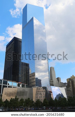 NEW YORK - JULY 17, 2014: World Trade Center 4 and September 11 Museum in September 11 Memorial Park on July 17, 2014