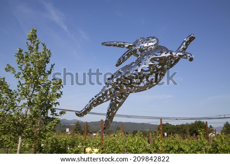 NAPA VALLEY, CA - APRIL 15 Bunny Foo Foo sculpture at the Hall Winery in Napa Valley on April 15, 2014 35-foot tall rabbit created by artist Lawrence Argent from 3 3 metric tons of stainless-steel