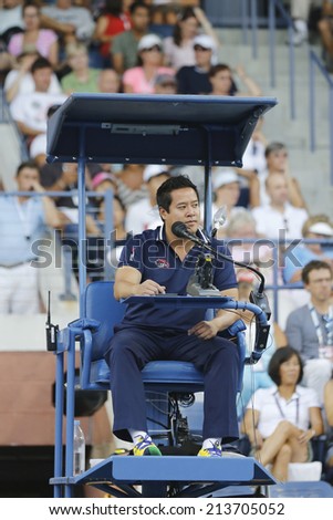 NEW YORK - AUGUST 26 Chair umpire James Keothavong during first round match between Gael Monfis and Jared Donaldson at US Open 2014 at Billie Jean King National Tennis Center on August 26, 2014 in NY