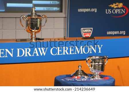 NEW YORK - AUGUST 21: US Open Men and Women singles trophies presented at the 2014 US Open Draw Ceremony on August 21, 2014 in New York