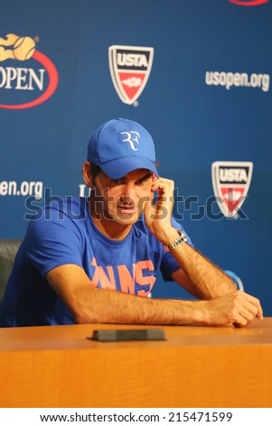 NEW YORK - SEPTEMBER 6: Seventeen times Grand Slam champion Roger  Federer during press conference after he lost semifinal match at  US Open 2014 on September 6, 2014 in New York