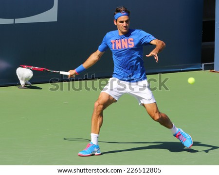 NEW YORK - AUGUST 24: Seventeen times Grand Slam champion Roger Federer practices for US Open 2014 at Billie Jean King National Tennis Center on August 24 , 2014 in New York