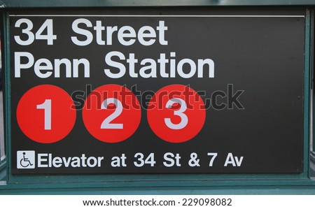 NEW YORK CITY - OCTOBER 12: Subway entrance at 34 Street Penn Station in NYC on October 12, 2014.  Owned by the NYC Transit Authority, the subway system has 469 stations in operation