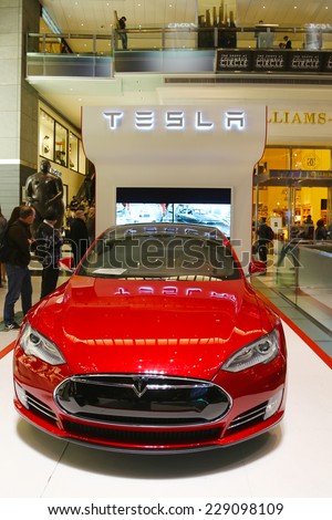 NEW YORK  - OCTOBER 12: Tesla electric sports car on display at Time Warner Center in Manhattan on October 12, 2014.