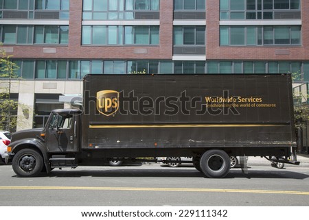 NEW YORK - MAY 6 UPS truck in New York on May 6, 2014. United Parcel Serviceis the largest shipment and logistics company in the world