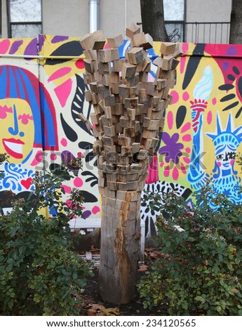 NEW YORK - NOVEMBER 18 Recycled Tree or Txiti Hitkuk art installation by Anthony Heinz May at First Street Green Park in Soho on November 18, 2014.