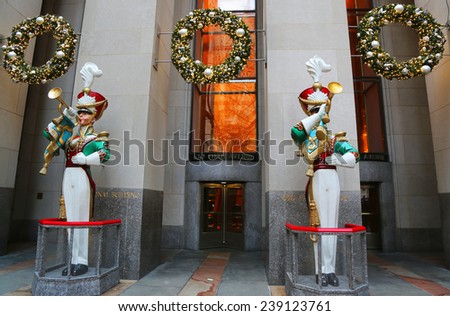 NEW YORK - DECEMBER 18: Rockefeller Center decorated with Wooden Soldier Christmas decorations in Midtown Manhattan on December 18, 2014
