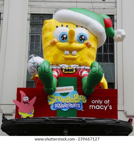 NEW YORK - DECEMBER 18: SpongeBob Squarepants decoration at Macy\'s at Herald Square on Broadway in Manhattan on December 18 , 2014. In 1924 Macy\'s was declared the \