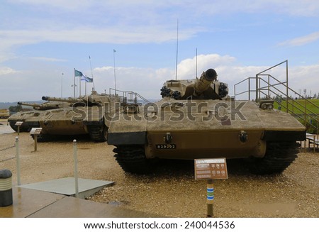LATRUN, ISRAEL - NOVEMBER 27: Israel made main battle tanks Merkava Mark III (L) , Mark II (C) and Mark I (R) on display at Yad La-Shiryon Armored Corps Museum at Latrun on November 27, 2014.