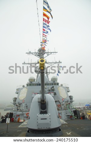 NEW YORK - MAY 22: Turret containing a 5-inch gun on the deck of US Navy guided-missile destroyer USS Cole during Fleet Week 2014 on May 22, 2014 in New York